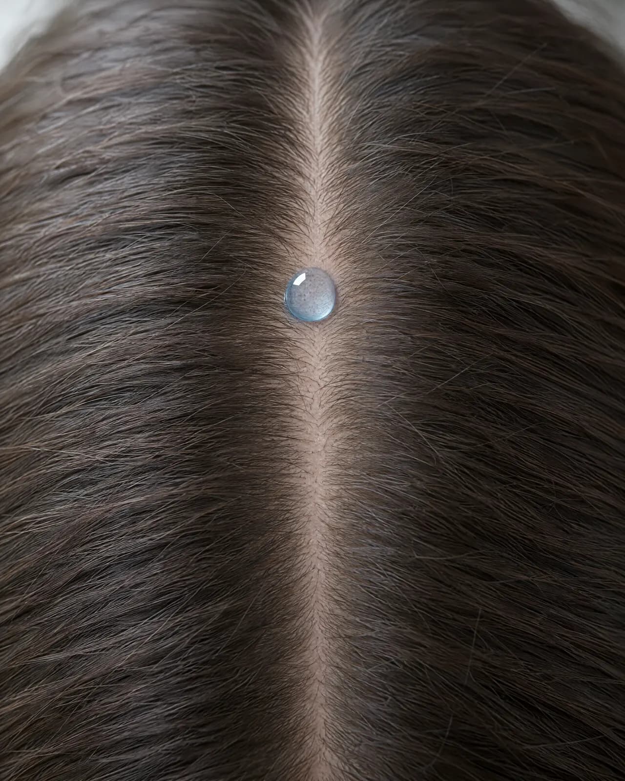 Close-up of a narrow natural part in thick dark-brown hair, with one clear drop of serum resting on the scalp