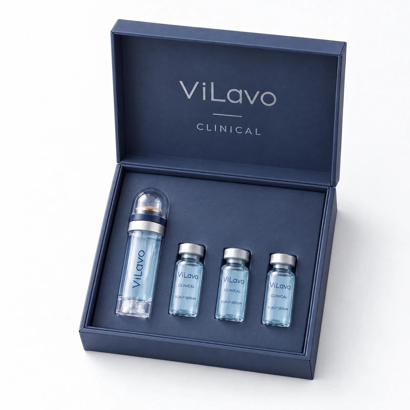 The open navy ViLavo Clinical box with the micro-infusion applicator and three scalp serum vials seated in a fitted tray